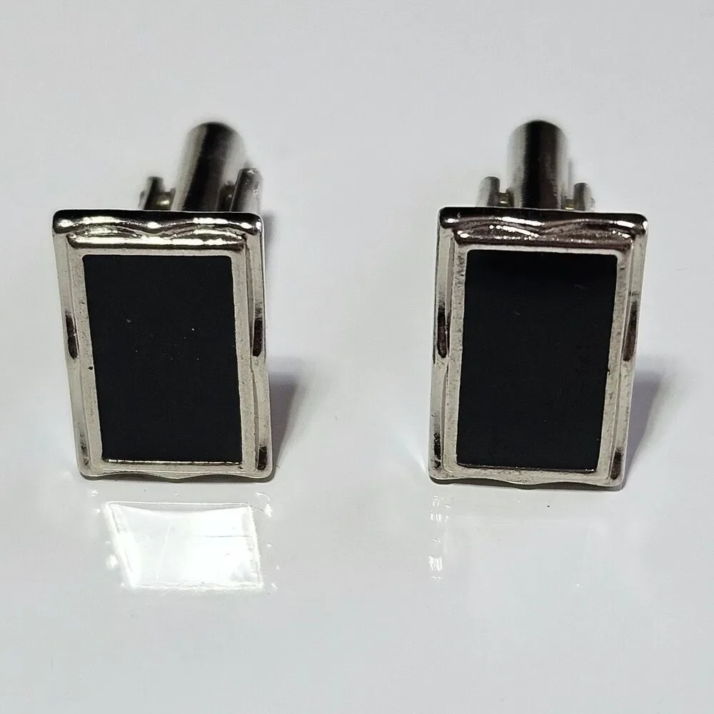 Cuff Links Vintage - Silver Tone with Black Enamel - Rectangle Shape